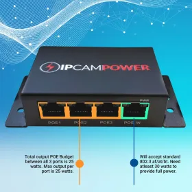 PoE Powered 3 Port Switch & Network Cat5 Cat6 Midspan Cable Range Extender Pass Through Repeater for IP Cameras - Run Cables up to 1148 (IPCP-EXT3-10)